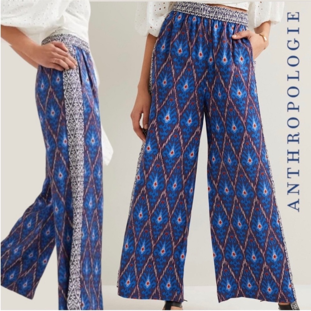 By Anthropologie Blue Ikat Wide Leg Pants Size S High Rise Boho